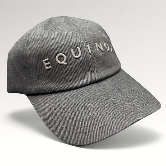 Raree Finds black Equinox fitness strapback hat with raised rubberized logo lettering and adjustable fabric strap