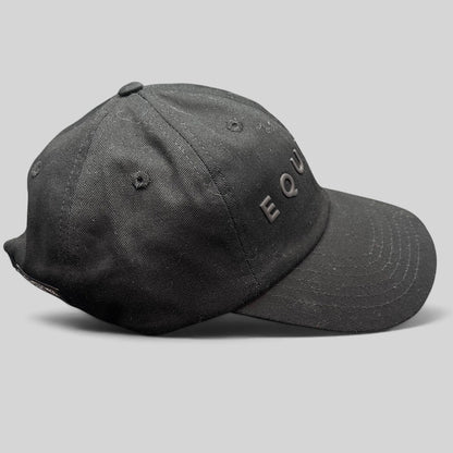 Raree Finds black Equinox fitness strapback hat with raised tonal rubber lettering and adjustable metal buckle closure