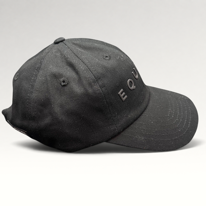 Raree Finds black Equinox fitness strapback hat with raised tonal rubber lettering and adjustable metal buckle closure