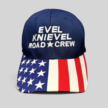 Raree Finds vintage Y2K Evel Knievel Road Crew navy blue strapback hat with an American flag print curved brim.