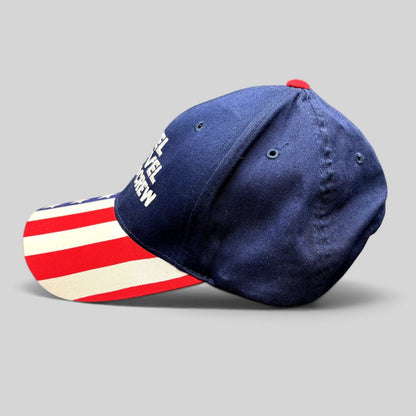 Raree Finds vintage Y2K Evel Knievel Road Crew navy strapback hat with American flag print brim and embroidery