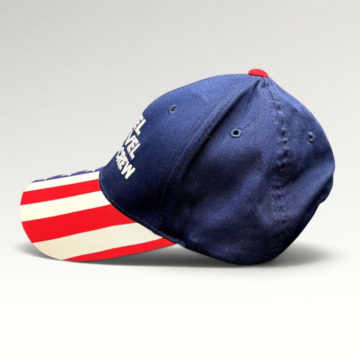 Raree Finds vintage Y2K Evel Knievel Road Crew navy strapback hat with American flag print brim and embroidery