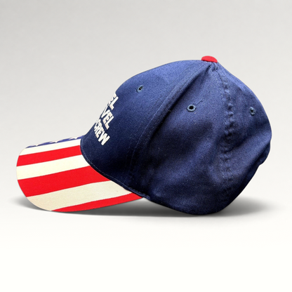 Raree Finds vintage Y2K Evel Knievel Road Crew navy strapback hat with American flag print brim and embroidery