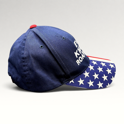Raree Finds Y2K Evel Knievel Road Crew navy blue strapback hat with an American flag print brim and white embroidery.