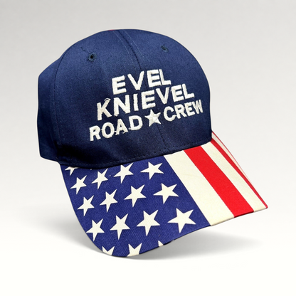 Raree Finds navy blue Evel Knievel Road Crew strapback hat with an American flag print brim and white embroidery.