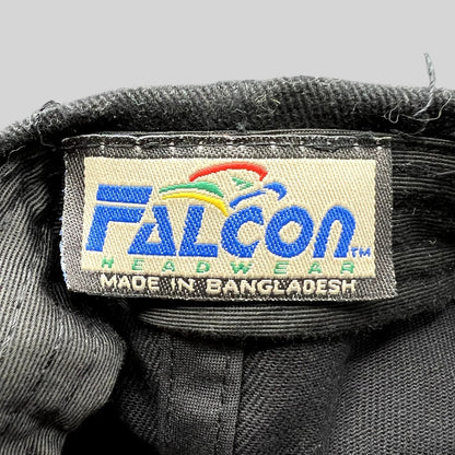 Raree Finds Falcon Headwear brand label inside a black cotton blend strapback ski hat made in Bangladesh