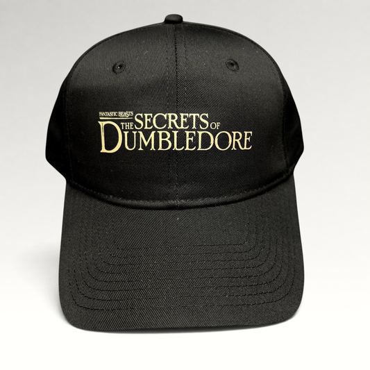 Raree Finds black snapback hat featuring gold embroidered Fantastic Beasts The Secrets of Dumbledore movie logo