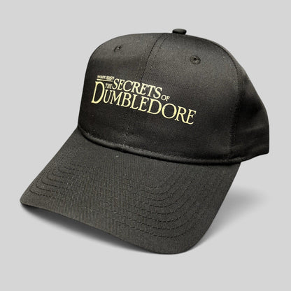 Raree Finds black snapback hat with gold embroidered Fantastic Beasts The Secrets of Dumbledore movie title logo.
