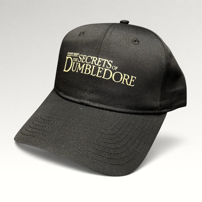 Raree Finds black snapback hat with gold embroidered Fantastic Beasts The Secrets of Dumbledore movie title logo.