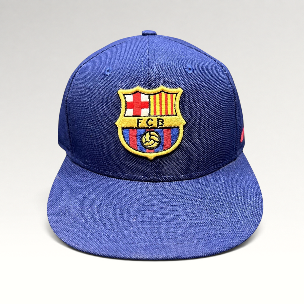 Raree Finds navy blue FC Barcelona snapback hat with embroidered FCB crest and flat brim