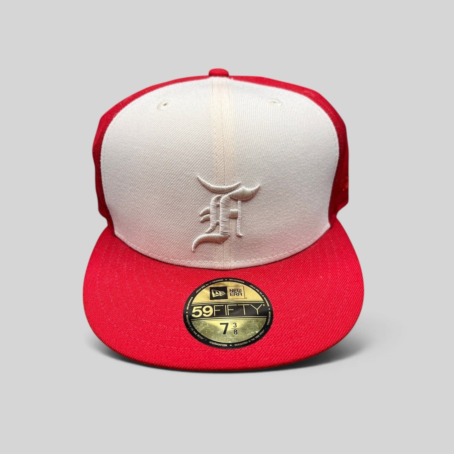 Raree Finds Fear of God Essentials x New Era 59FIFTY fitted hat in red and white wool with white embroidered F logo