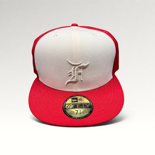 Raree Finds Fear of God Essentials x New Era 59FIFTY fitted hat in red and white wool with white embroidered F logo