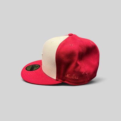 Raree Finds Fear of God Essentials x New Era 59FIFTY fitted hat in red and white wool with side New Era embroidery.