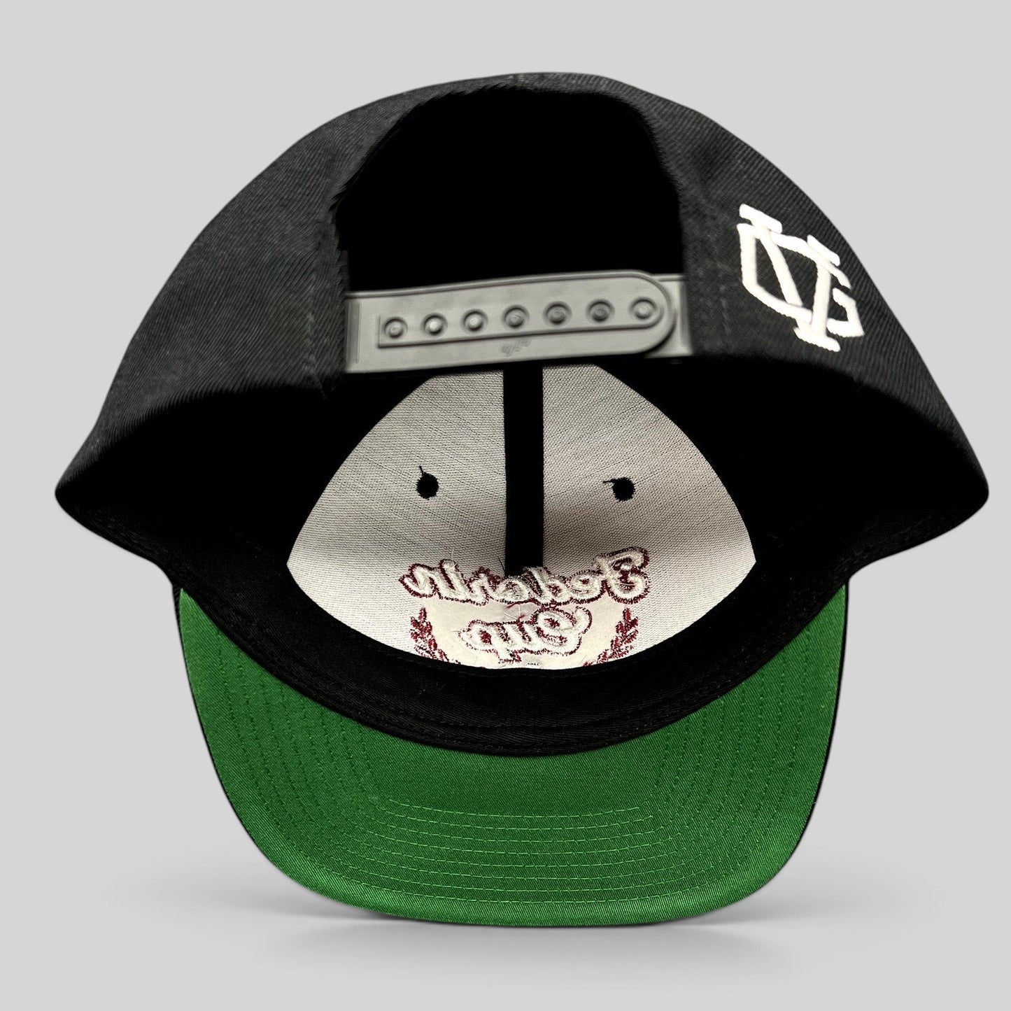 Raree Finds Fedorin Cup hockey snapback hat showing the rear adjustable strap, white logo embroidery, and green brim.