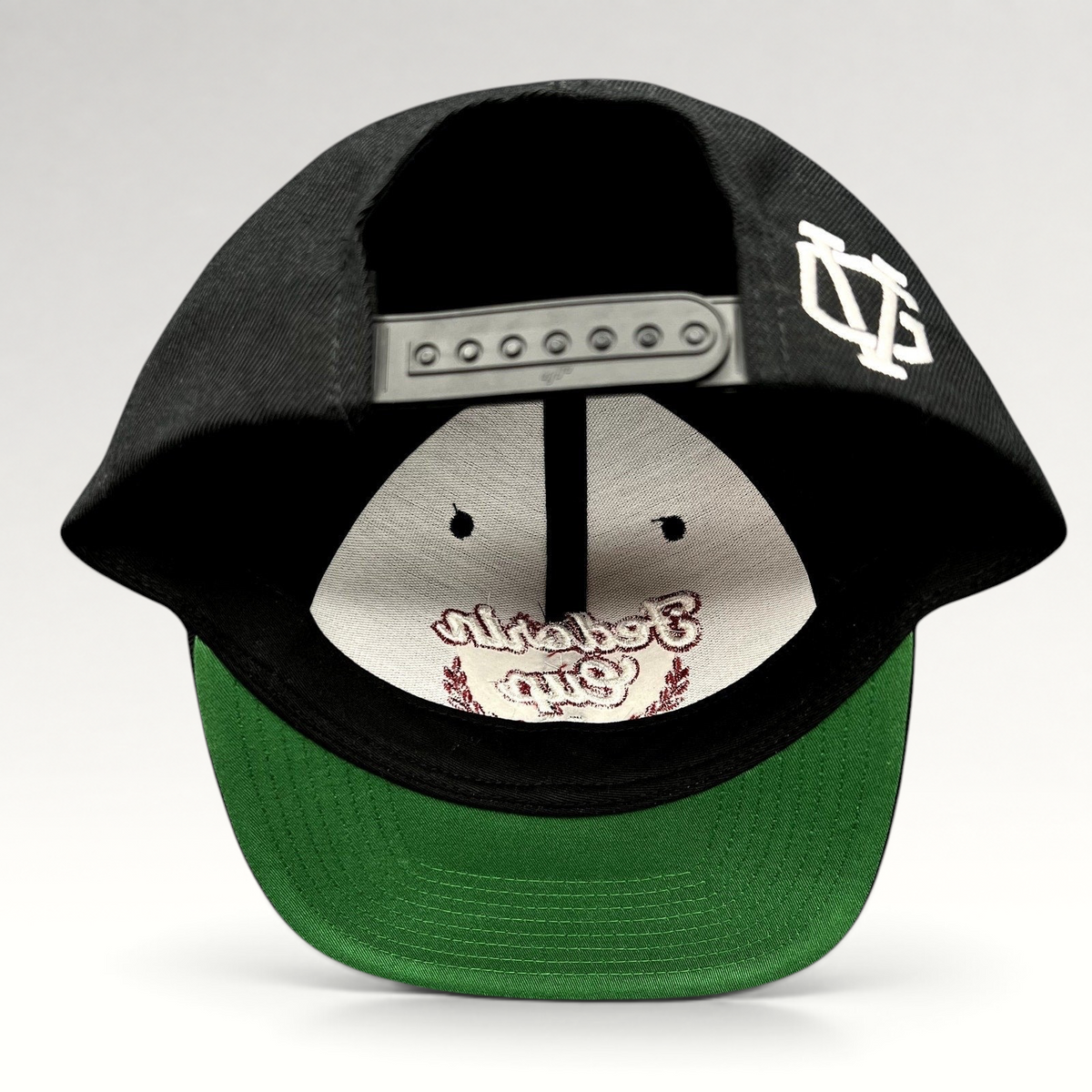 Raree Finds Fedorin Cup hockey snapback hat showing the rear adjustable strap, white logo embroidery, and green brim.