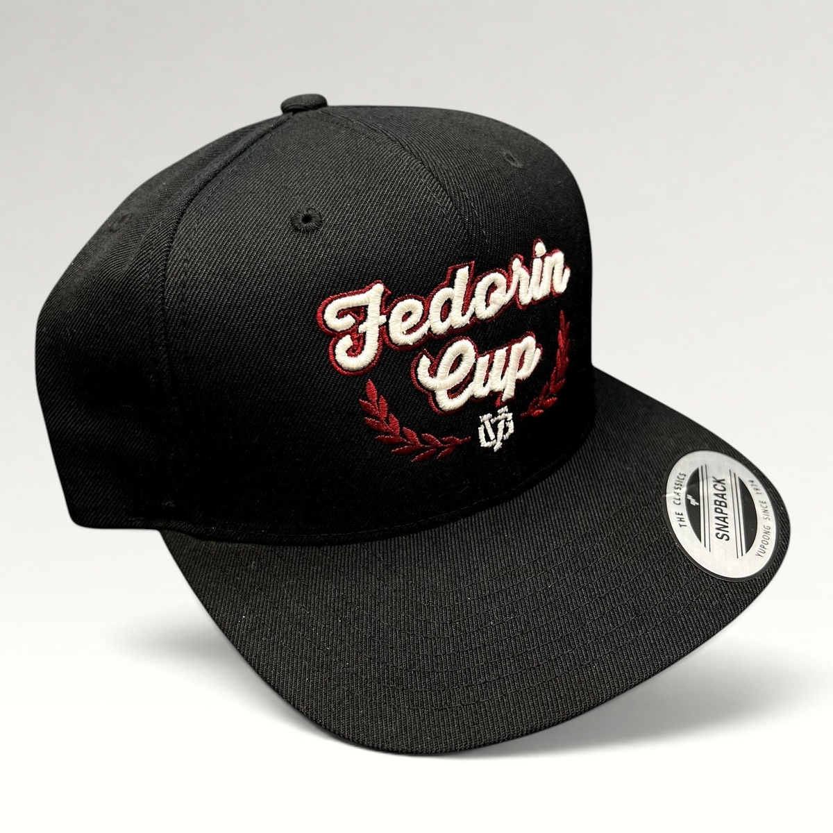 Raree Finds black Fedorin Cup hockey snapback hat with red and white embroidered script logo and flat bill.