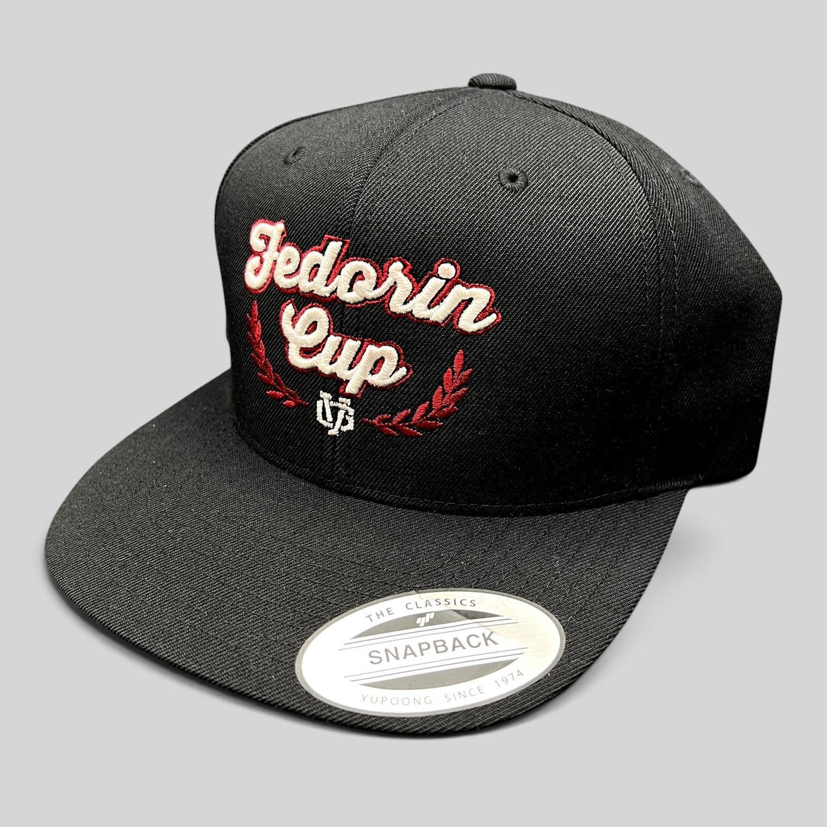 Raree Finds Fedorin Cup hockey snapback hat in black with red and white embroidered script and laurel logo.