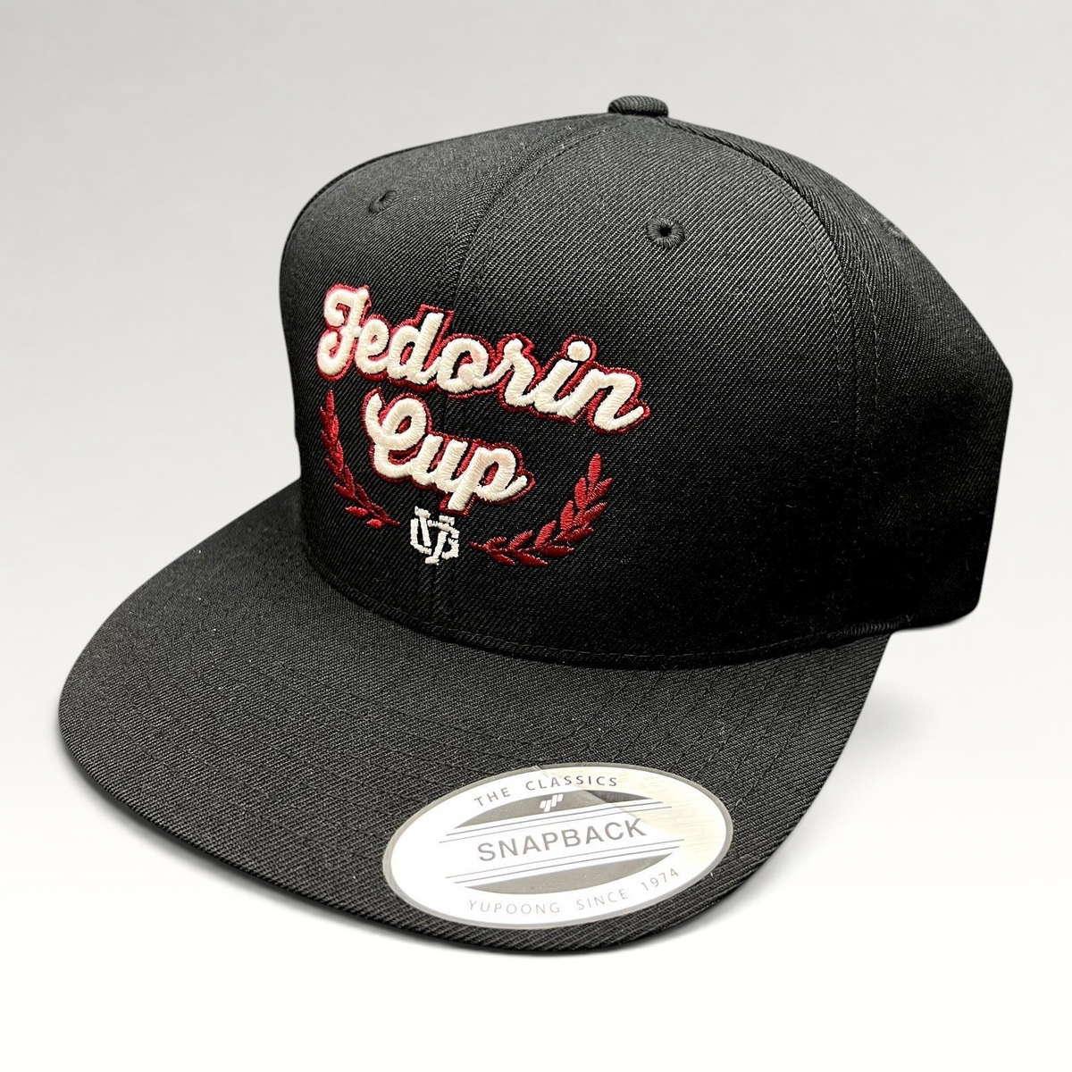 Raree Finds Fedorin Cup hockey snapback hat in black with red and white embroidered script and laurel logo.