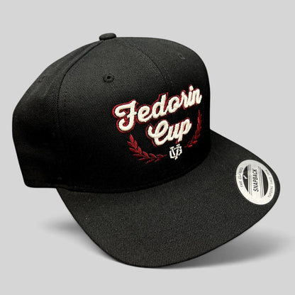 Raree Finds Fedorin Cup hockey snapback hat in black with red and white embroidered script logo and laurel accents.