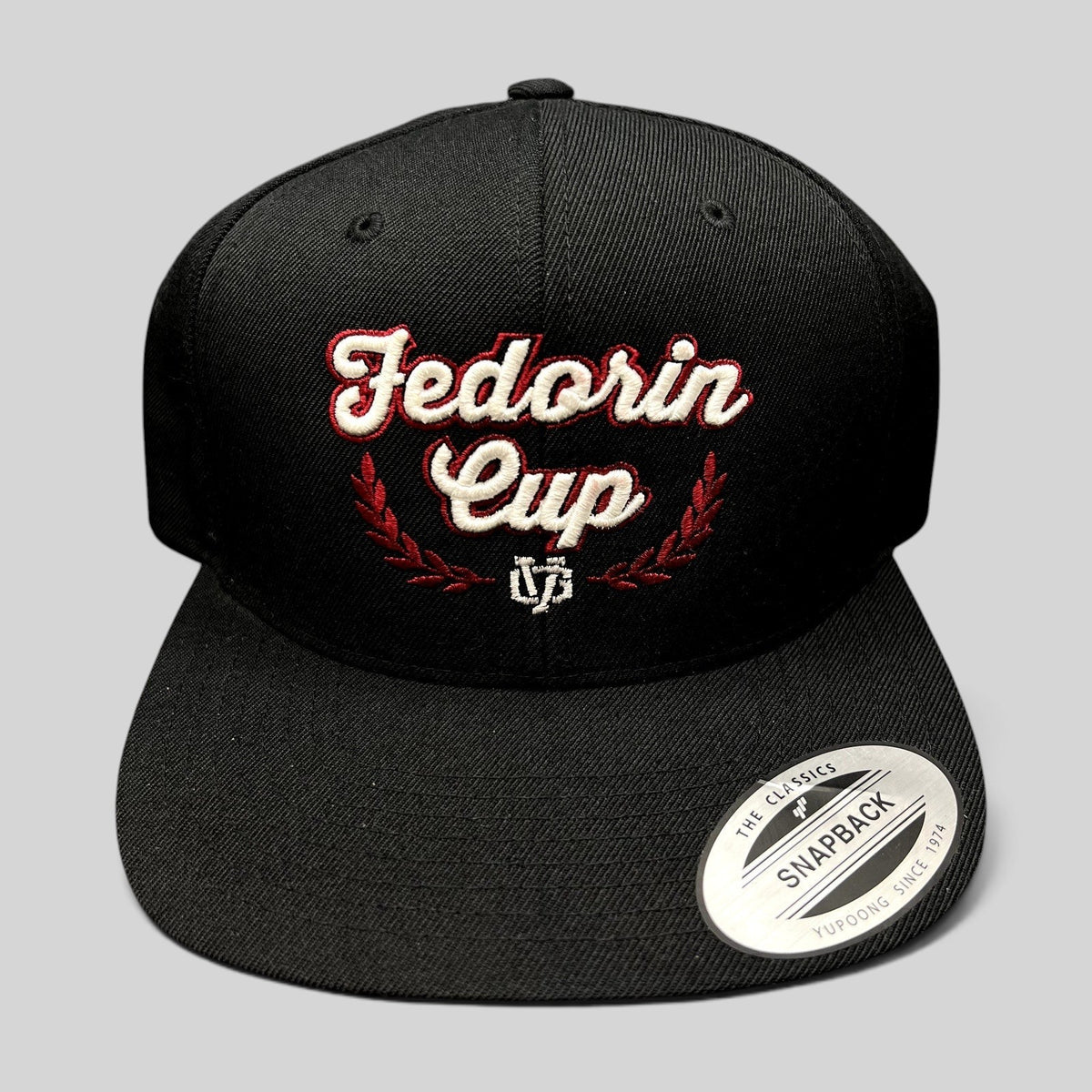 Raree Finds black Fedorin Cup hockey snapback hat with red and white embroidered script logo and flat bill