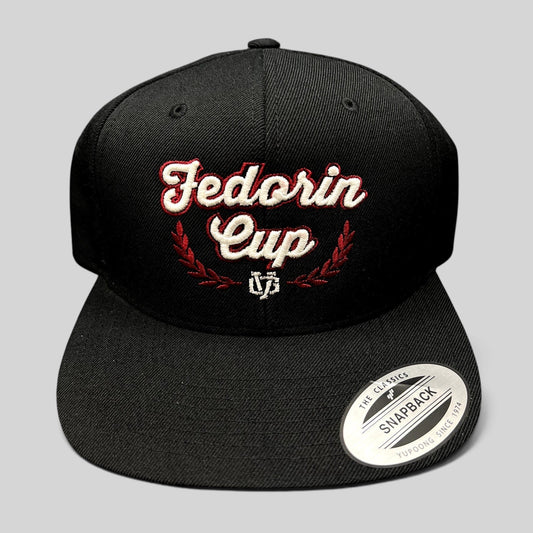 Raree Finds black Fedorin Cup hockey snapback hat with red and white embroidered script logo and flat bill