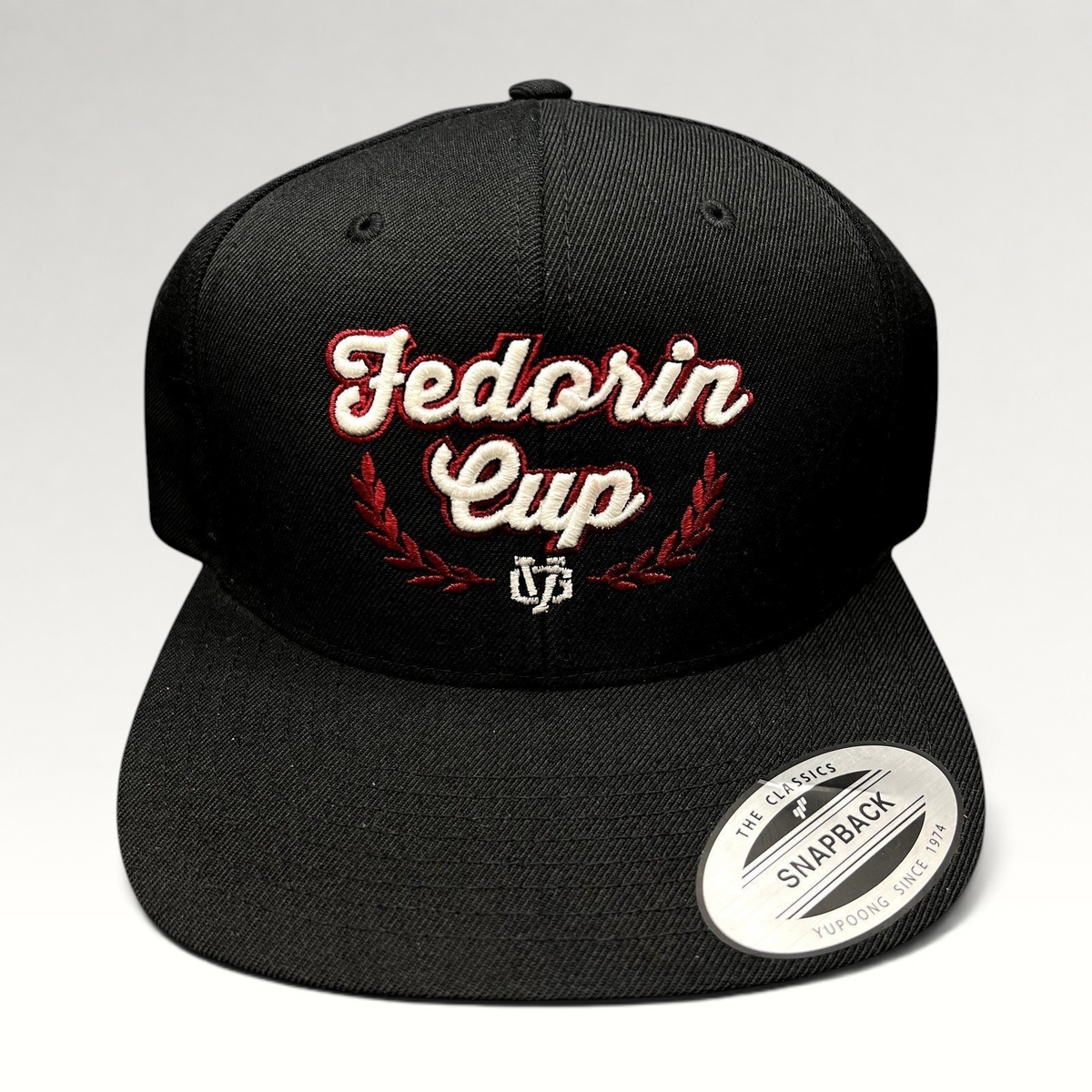 Raree Finds black Fedorin Cup hockey snapback hat with red and white embroidered script logo and flat bill