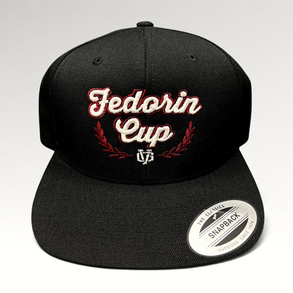 Raree Finds black Fedorin Cup hockey snapback hat with red and white embroidered script logo and flat bill