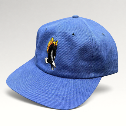Raree Finds vintage 1998 Firestorm movie crew hat in royal blue with embroidered flaming eagle graphic