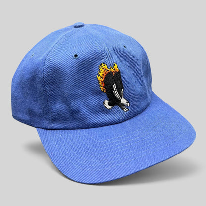 Raree Finds vintage 1998 Firestorm movie cast and crew royal blue strapback hat with flaming eagle embroidery