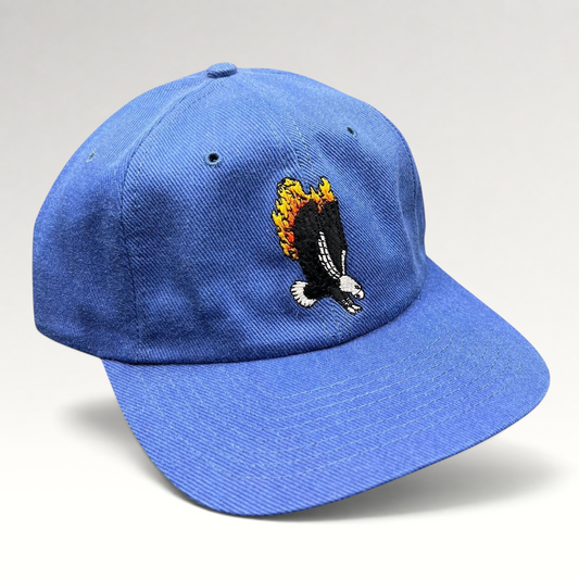 Raree Finds vintage 1998 Firestorm movie cast and crew royal blue strapback hat with flaming eagle embroidery