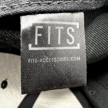 Raree Finds black fabric interior brand label for Fits snapback hat with white logo text