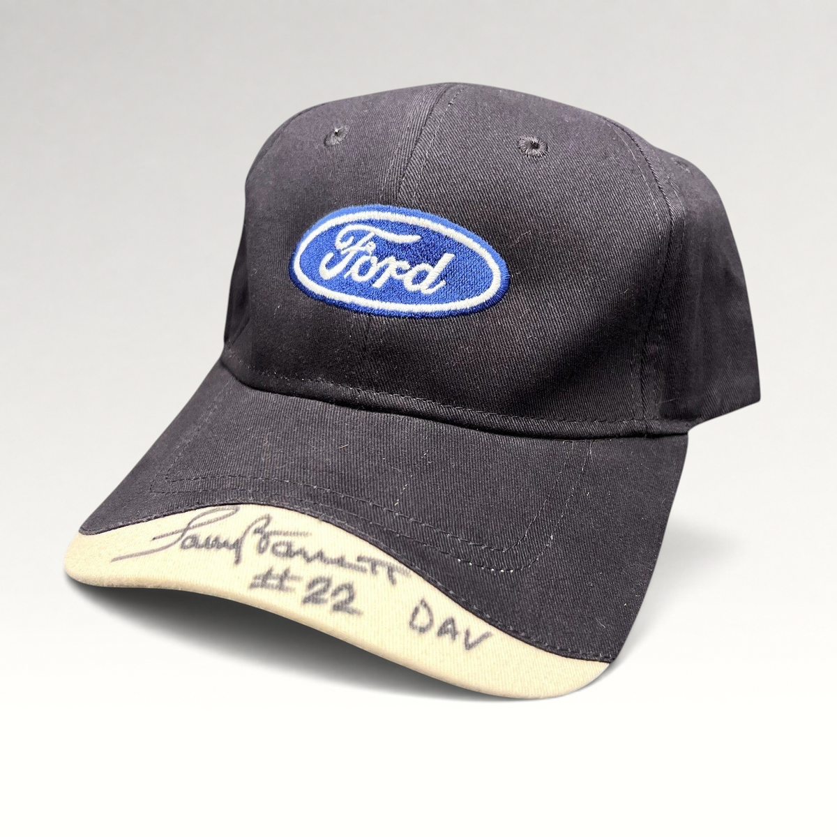 Raree Finds navy and cream Ford oval logo strapback hat by Cap America with a signed brim reading #22 DAV.