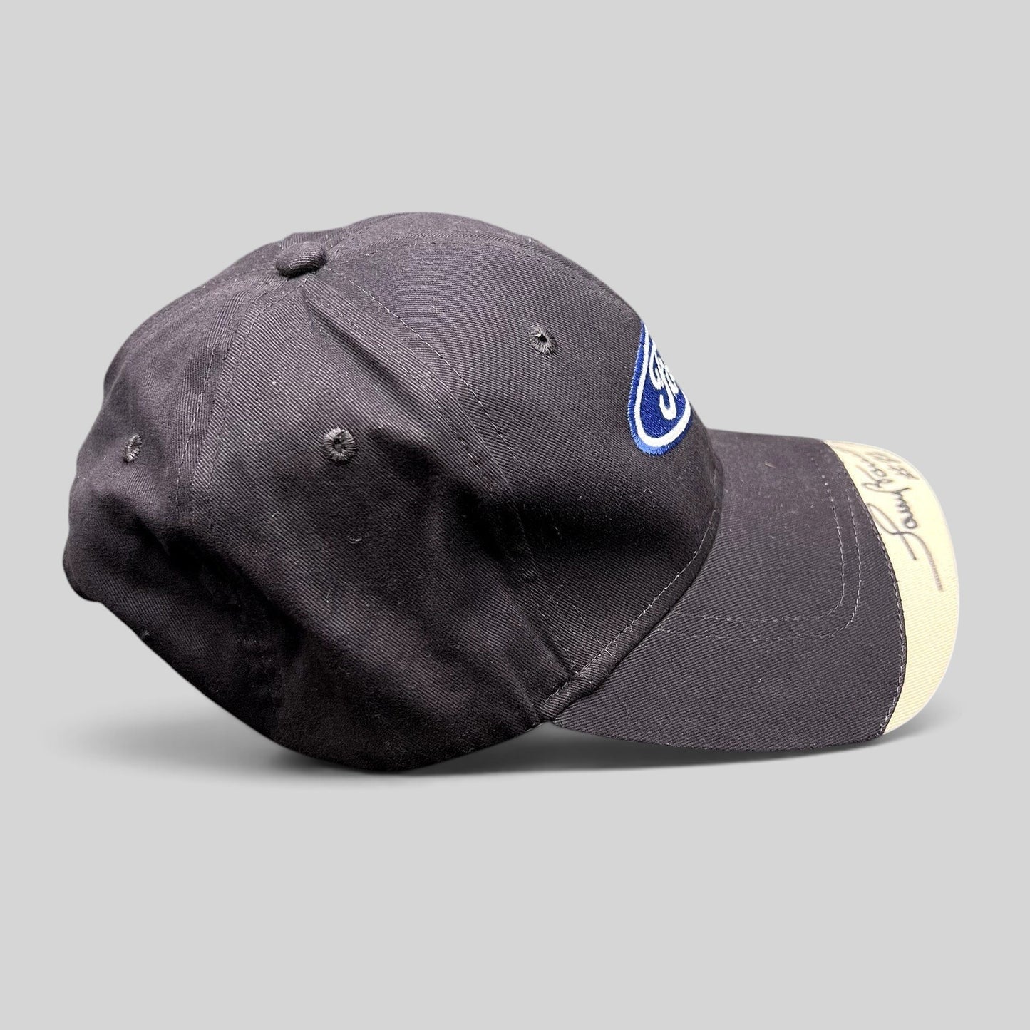 Raree Finds navy and cream Ford oval logo strapback hat by Cap America with a signed brim featuring #22 DAV