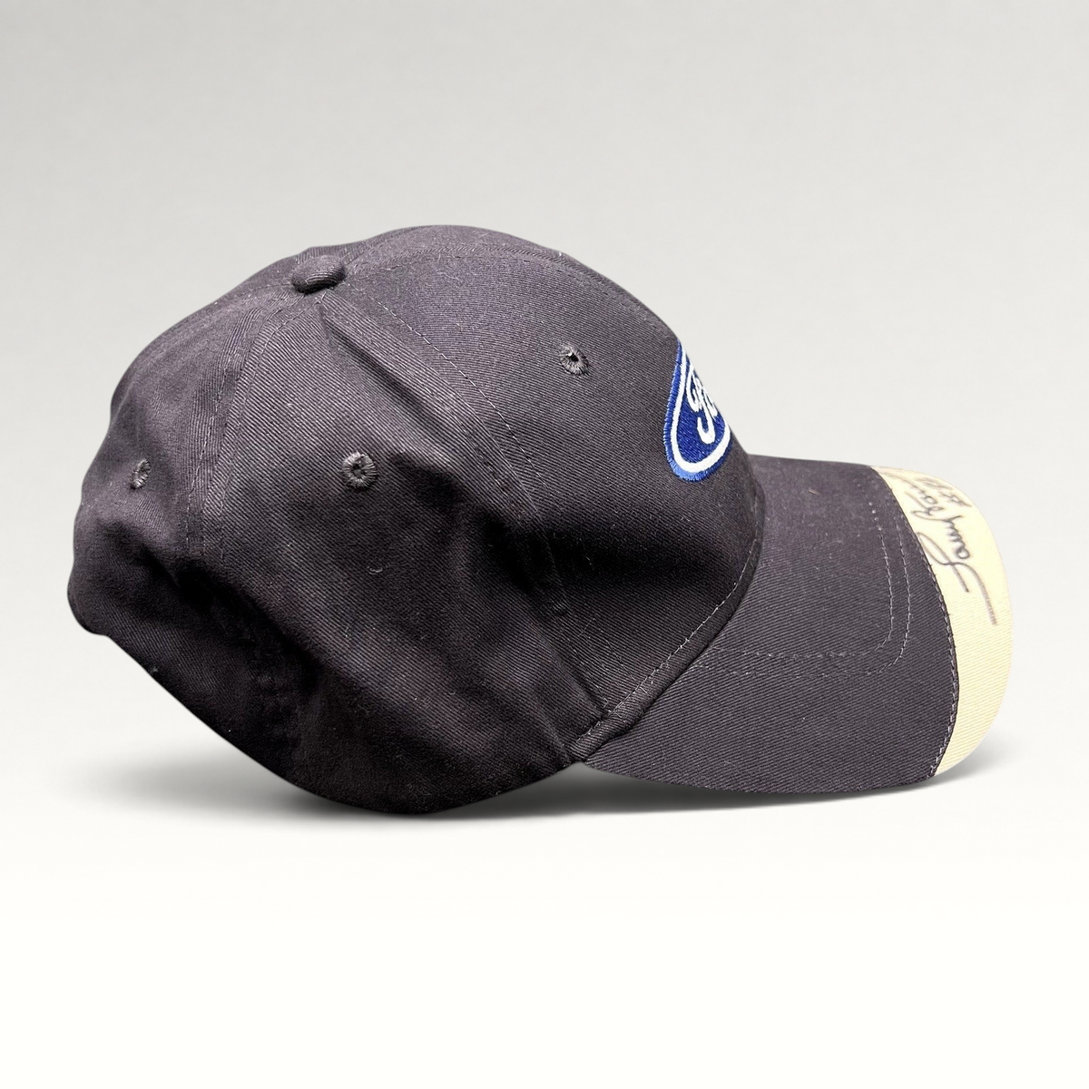 Raree Finds navy and cream Ford oval logo strapback hat by Cap America with a signed brim featuring #22 DAV