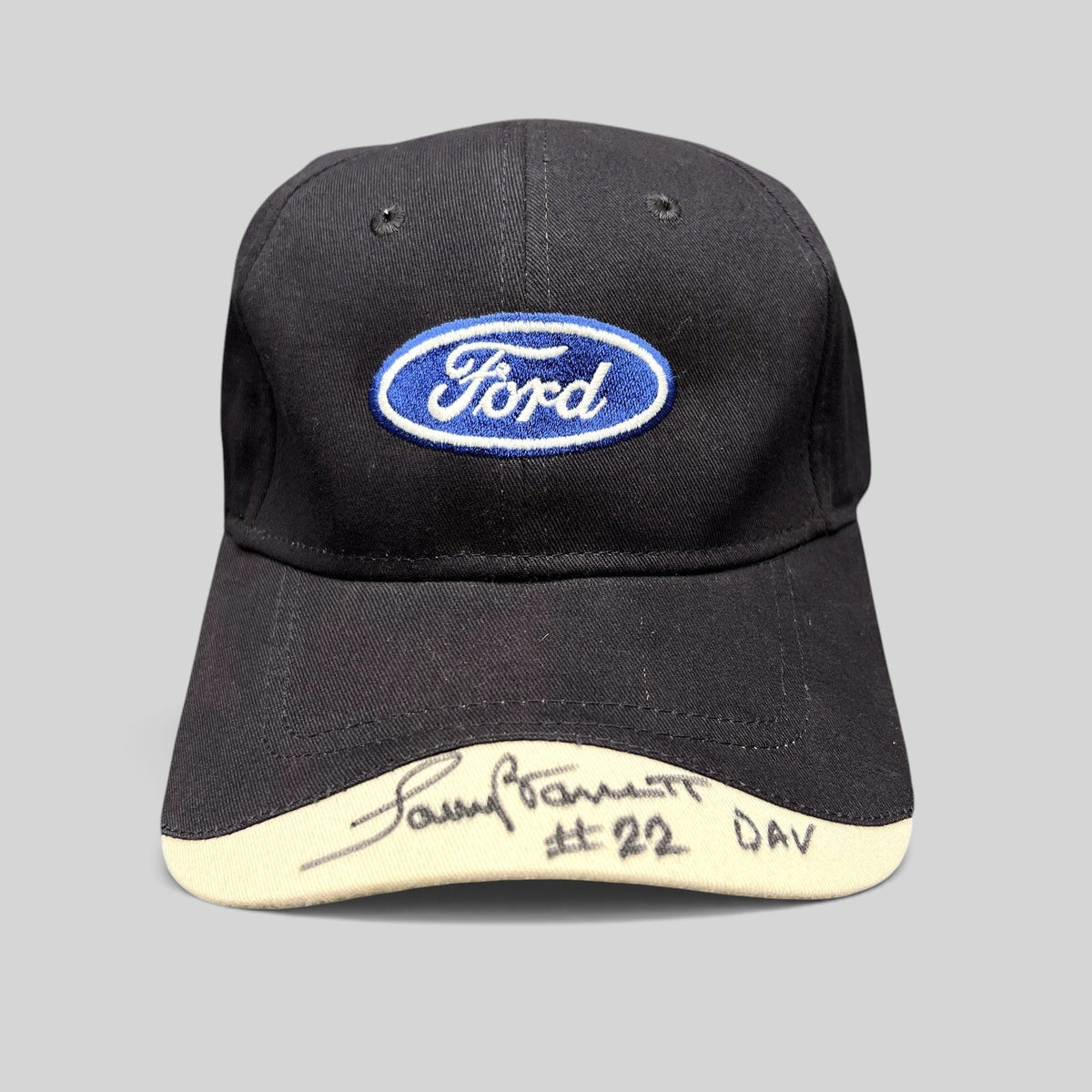Raree Finds navy and cream Cap America Ford oval logo strapback hat with a signed brim reading #22 DAV