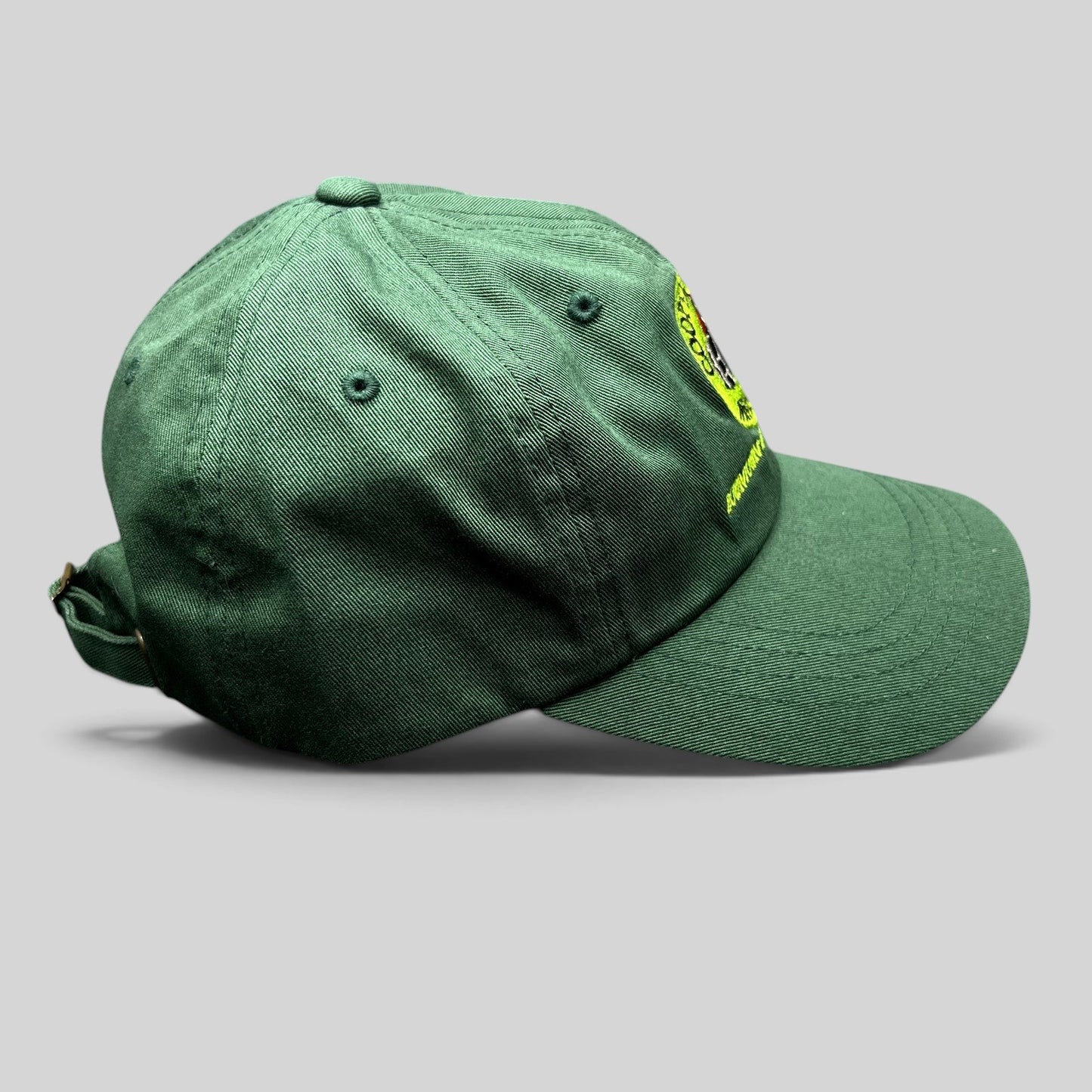 Raree Finds forest green cotton strapback hat with vintage Cooper Wine & Spirits logo embroidery and adjustable buckle
