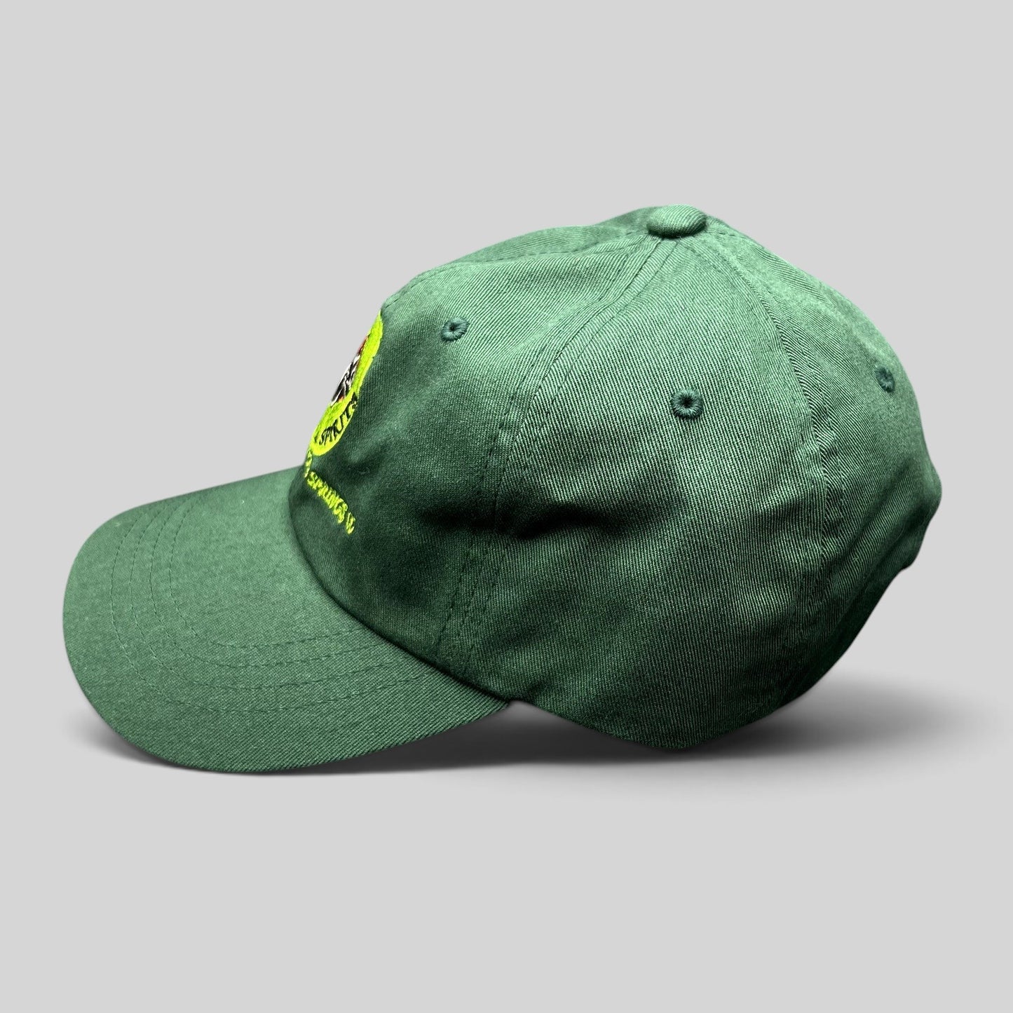 Raree Finds forest green cotton strapback hat with vintage Cooper Wine & Spirits logo and Glenwood Springs embroidery.