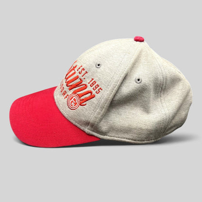 Raree Finds Fortuna Düsseldorf heather gray strapback hat with a red brim and embroidered red soccer club graphics.