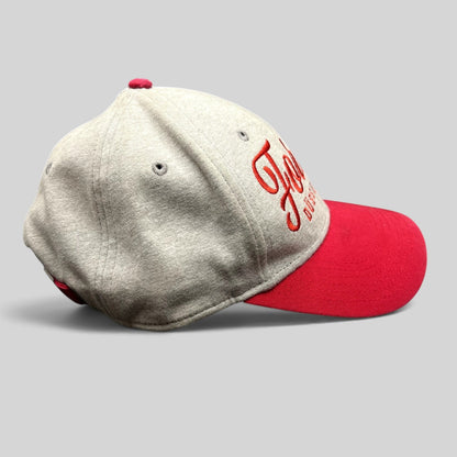 Raree Finds Fortuna Düsseldorf gray heather strapback hat with red brim and embroidered red script logo side view