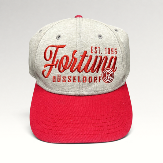Raree Finds Fortuna Düsseldorf heather gray strapback hat with red brim and embroidered vintage soccer club graphics.