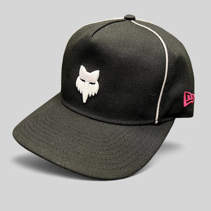 Raree Finds Fox Racing x New Era black snapback hat with white embroidered logo and pink side detail