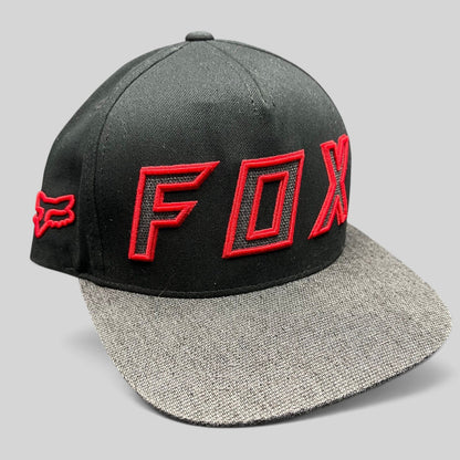 Raree Finds Fox Racing black snapback hat with red embroidered logo and heather gray flat bill