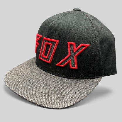 Raree Finds Fox Racing black snapback hat with red embroidered logo and heather gray flat bill