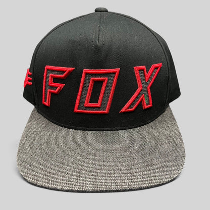 Raree Finds Fox Racing black snapback hat with red embroidered logo and heather gray flat bill