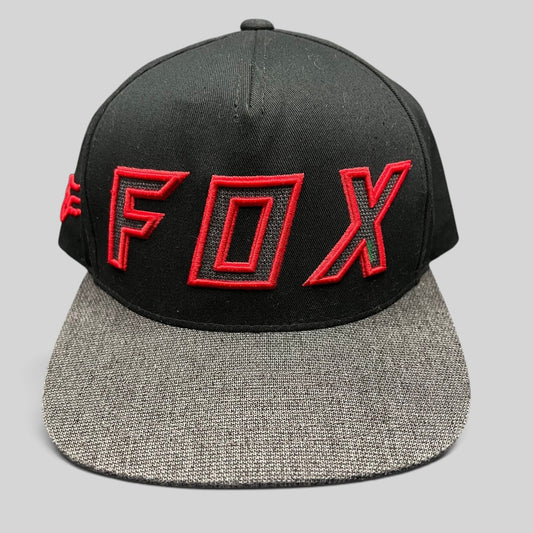 Raree Finds Fox Racing black snapback hat with red embroidered logo and heather gray flat bill