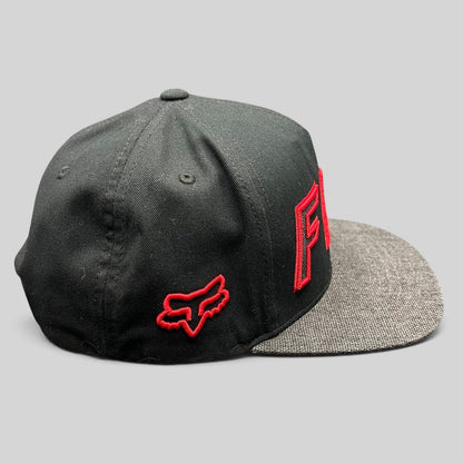 Raree Finds Fox Racing black snapback hat with red embroidered logo and heather gray flat bill