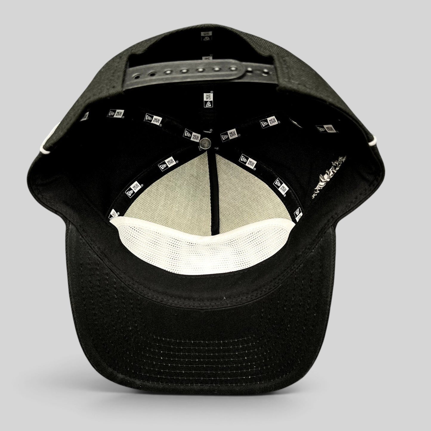 Raree Finds Fox Racing New Era Cosmo snapback hat interior view showing branded taping and adjustable plastic closure