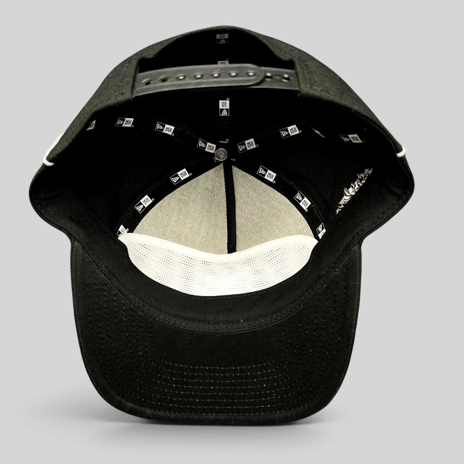 Raree Finds Fox Racing New Era Cosmo snapback hat interior view showing branded taping and adjustable plastic closure