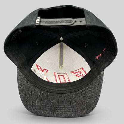 Raree Finds Fox Racing snapback hat interior view showing black crown, gray flat bill, and adjustable plastic strap