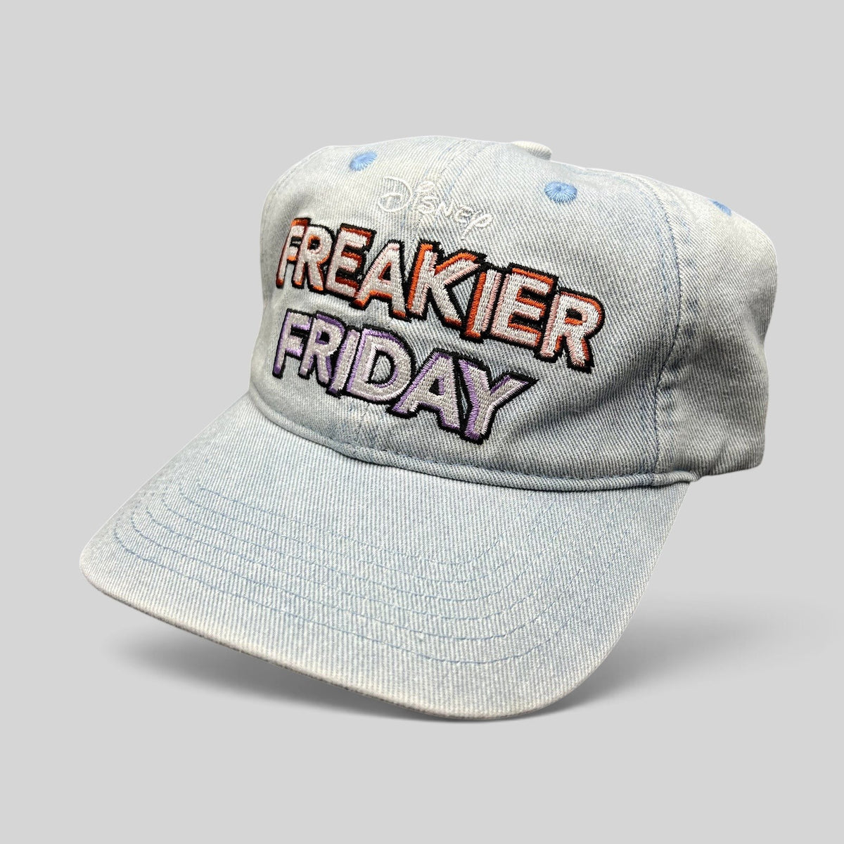 Raree Finds light blue washed cotton dad hat with multicolor embroidered Freakier Friday movie logo